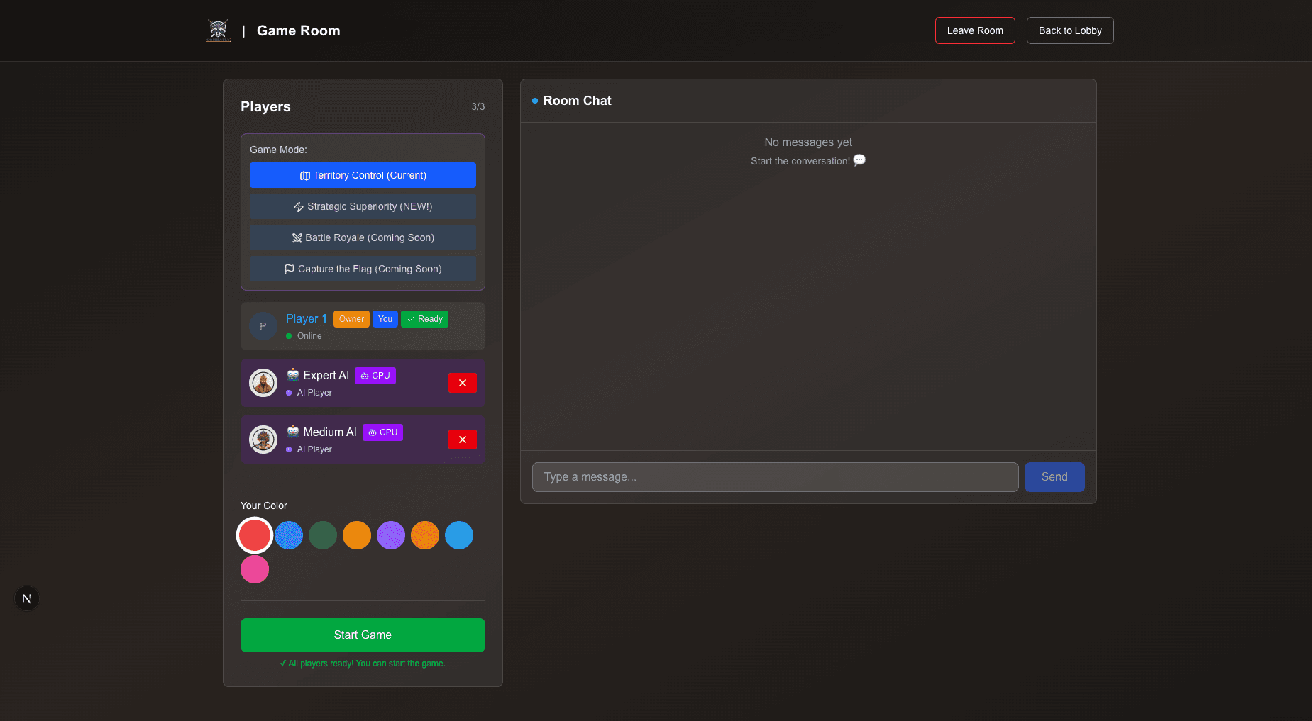 Game Room Lobby - Create and join multiplayer matches
